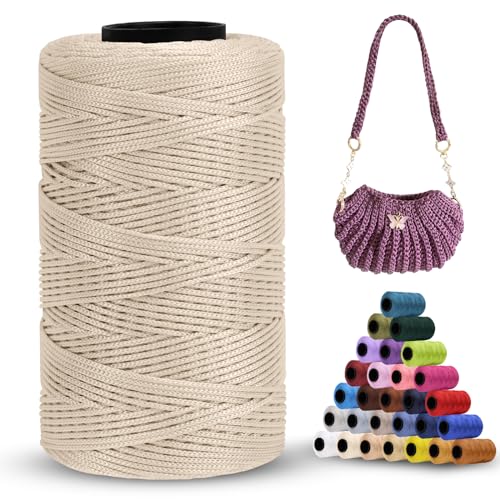 LEREATI Polyester Garn 1mm x 230m Makramee Garn 1mm Baumwollgarn Polyester Macrame Cord Polyester-Seil Baumwollkordel für Handtasche, Umhängetasche, Häkeltasche, Strickwaren (Khaki Weiß) von LEREATI