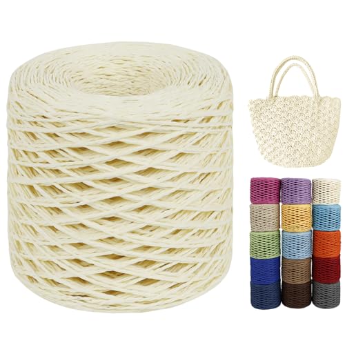LEREATI Raffia Garn zum Häkeln von Taschen, 2mm x 200m Rund Papierdraht Bast Band Natur Paketschnur Papiergarn Raffia Bast zum Häkeln Handtasche, Körbe, Hüte, Geschenkverpackung (Off-Weiß) von LEREATI