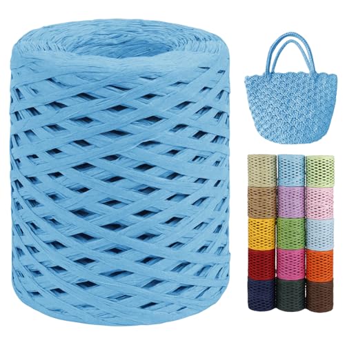 LEREATI Raffia Garn zum Häkeln von Taschen, 3mm x 200m Flach Papierdraht Bast Band Natur Paketschnur Papiergarn Raffia Bast zum Häkeln Handtasche, Körbe, Hüte, Geschenkverpackung (Blau) von LEREATI
