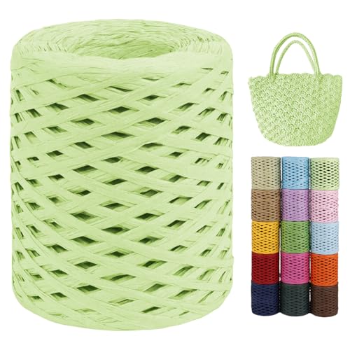 LEREATI Raffia Garn zum Häkeln von Taschen, 3mm x 200m Flach Papierdraht Bast Band Natur Paketschnur Papiergarn Raffia Bast zum Häkeln Handtasche, Körbe, Hüte, Geschenkverpackung (Fruchtgrün) von LEREATI