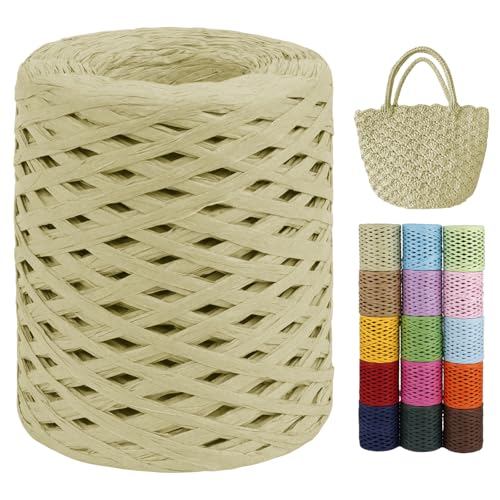 LEREATI Raffia Garn zum Häkeln von Taschen, 3mm x 200m Flach Papierdraht Bast Band Natur Paketschnur Papiergarn Raffia Bast zum Häkeln Handtasche, Körbe, Hüte, Geschenkverpackung (Olivgrün) von LEREATI