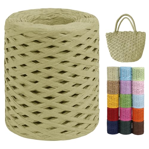 LEREATI Raffia Garn zum Häkeln von Taschen, 3mm x 200m Flach Papierdraht Bast Band Natur Paketschnur Papiergarn Raffia Bast zum Häkeln Handtasche, Körbe, Hüte, Geschenkverpackung (Olivgrün) von LEREATI