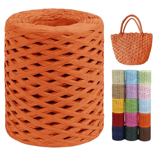 LEREATI Raffia Garn zum Häkeln von Taschen, 3mm x 200m Flach Papierdraht Bast Band Natur Paketschnur Papiergarn Raffia Bast zum Häkeln Handtasche, Körbe, Hüte, Geschenkverpackung (Orange) von LEREATI