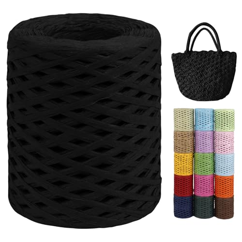 LEREATI Raffia Garn zum Häkeln von Taschen, 3mm x 200m Flach Papierdraht Bast Band Natur Paketschnur Papiergarn Raffia Bast zum Häkeln Handtasche, Körbe, Hüte, Geschenkverpackung (Schwarz) von LEREATI