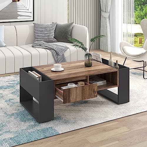 LERFAN Couchtisch Sofatisch mit Griffloser Schublade und Staufach, Wohnzimmertisch mit Staufächern auf Beiden Seiten, Großer Stauraum, B106,4 x T40 x H60 cm Holzfarbe + Grauschwarz von LERFAN