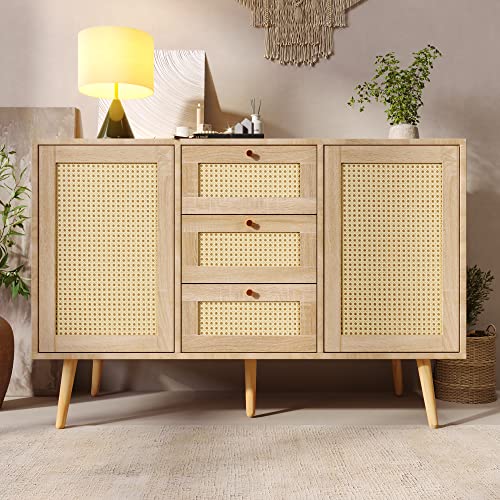 LERFAN Kommode mit 2 Türen und 3 Schubladen Rattan Sonoma Eiche, Schubladenkommode Nachtschrank Nachttisch Verstellbare Ablage mit Massivholzfüßen für Wohnzimmer Schlafzimmer120/82/40 cm (B/H/T) von LERFAN