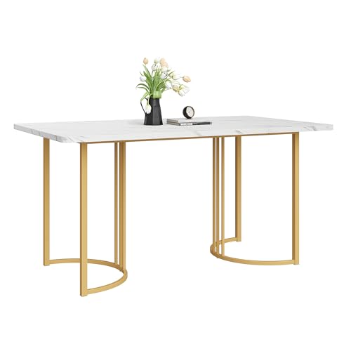 LERFAN Rechteckiger Esstisch Moderner Küchentisch mit Marmormuster Tischplatte und Metalltischfüßen mit Einstellfunktion für Esszimmer Wohnzimmer, 140L x 80B x 75H cm Weiß + Golden von LERFAN