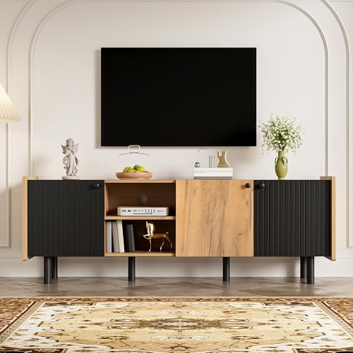 LERFAN Schwarzer und Holzfarbener TV-Schrank Unterhaltungszentrum Moderner Stil mit DREI Türen und Zwei Offenen Fächern 160 cm LERFAN Schwarzer und Holzfarbener TV-Schrank Unterhaltungszentrum Moderner Stil mit DREI Türen und Zwei Offenen Fächern 160 cm von LERFAN