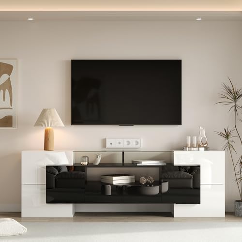 LERFAN Stilvoller TV-Schrank, niedriges Panel. Hochglanz-Weiß und Schwarz 200 cm, Wohnzimmermöbel. Modernes Design Elegante Glasoberfläche. von LERFAN