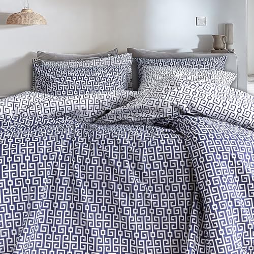LERUUM Bettbezug Bettwäsche Set Geometrisches Wendbares Marine Griechisches Schlüsselmuster%100 Baumwolle Luxuriöser (240x220 + 2(65x65), Classy Navy) von LERUUM