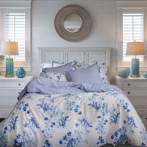 LERUUM Bettwäsche 155x220 Baumwolle Blau Reversibel Streifen Blumen Bettbezug mit Kissenbezüge(155 x 220 cm + 80 x 80cm) von LERUUM