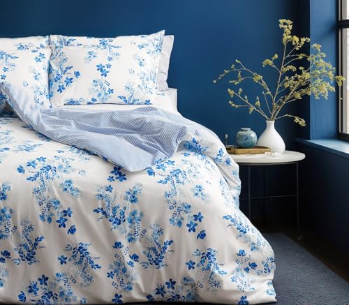 LERUUM Bettwäsche 155x220 Baumwolle Sommer Blumen Gestreift Blau Weiß Reversibel Bettbezug Set mit 1 x Kissenbezug 80x80 von LERUUM