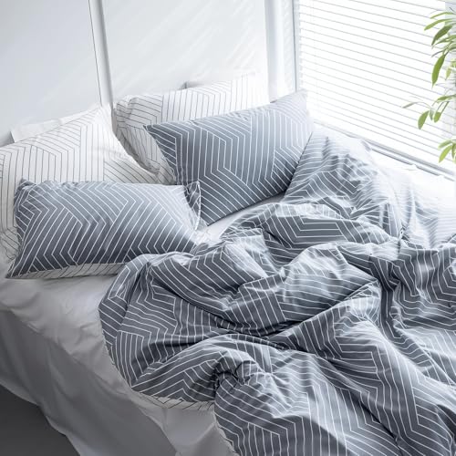LERUUM Bettwäsche Sommer Set 155x220 Baumwolle Graue Weiß Bettbezug Streifenmotiv Wende Bettwaren inkl 1 Kopfkissenbezug 80x80cm von LERUUM