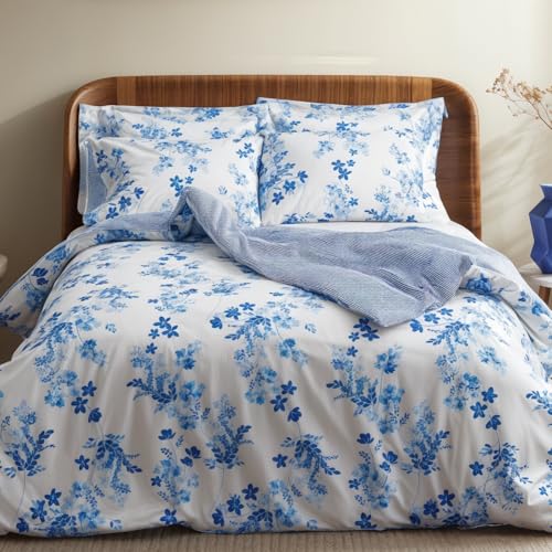 LERUUM Bettwäsche 200X200 Set Baumwolle Wendebar Blumen Streifen Blau Weiß Bettbezug mit 2 Kissenbezugen (200 x 200 + 2 (65 x 65) von LERUUM