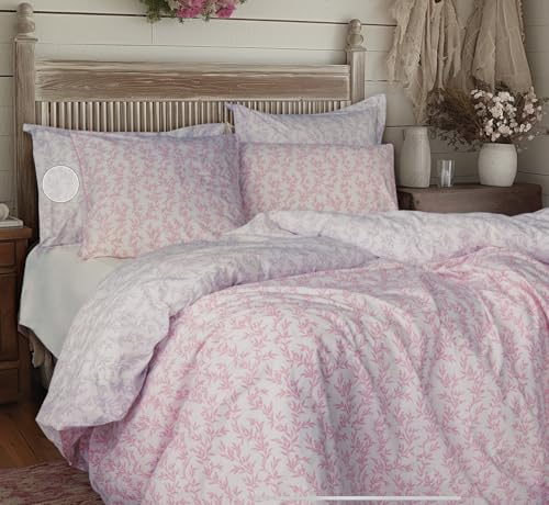 LERUUM Bettwäsche 200x200 Set Doppelbett Bettwäsche Baumwolle Reversible rosa und lila mit Blumenmuster Bettbezug und rosa paspeliert Kissenbezüge Griemay (200x200 + 2(65x65), pink) von LERUUM