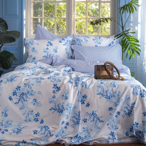 LERUUM Bettwäsche 240x220 Set Aus Baumwolle Reversible Streifen Blumen Blau Weiß Bettbezugen (240 x 220 + 2 (65 x 65) von LERUUM