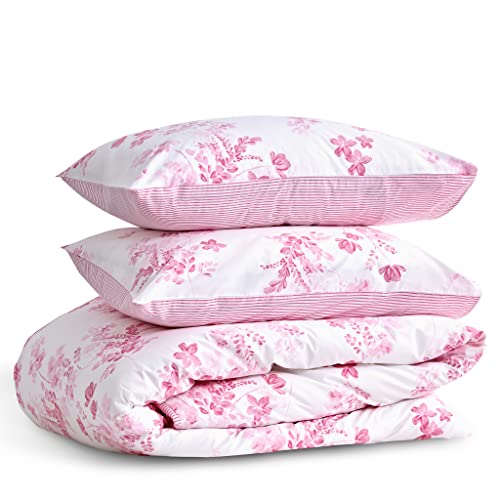 LERUUM Bettwäsche Set 140x200 Baumwolle Reversibel Blumen Streifen Rosa Bettbezug (140 x 200 + 65 x 65) von LERUUM