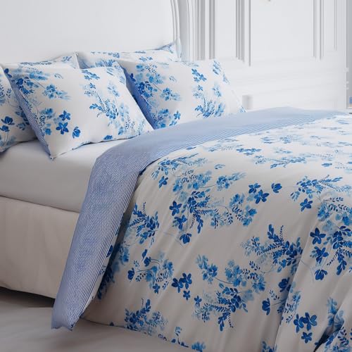 LERUUM Bettwäsche Set 140x200 Baumwolle Reversibel Streifen Blumen Blau Weiß Bettbezug (140 x 200 + 65 x 65 cm) von LERUUM