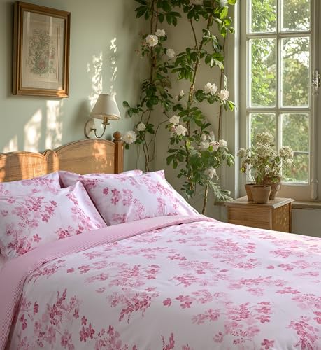 LERUUM Bettwäsche 155x220cm Baumwolle Fruhling Blumen Streifen Motiv Rosa Weiß Reversibel Bettbezug Set mit 1 x Kissenbezug 80x80 LERUUM Bettwäsche 155x220cm Baumwolle Fruhling Blumen Streifen Motiv Rosa Weiß Reversibel Bettbezug Set mit 1 x Kissenbezug 80x80 von LERUUM
