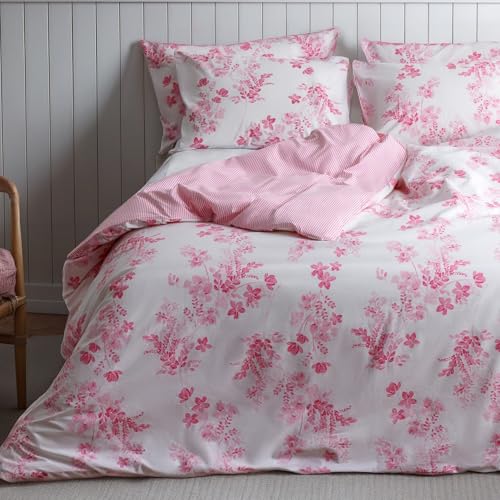 LERUUM Bettwäsche 155x220cm Baumwolle Sommer Blumen Streifen Motiv Rosa Weiß Reversibel Bettbezug Set mit 1 x Kissenbezug 80x80 von LERUUM