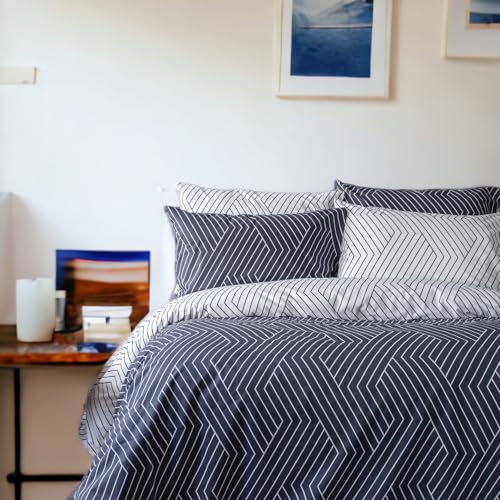 LERUUM Bettwäsche Set 155x220cm Baumwolle Gestreift Geometrisch Bettwäsche Set Schwärzlich Dunkels Marineblau Bettbezug mit Kissenbezüge (155x220+2(80x80) cm) von LERUUM