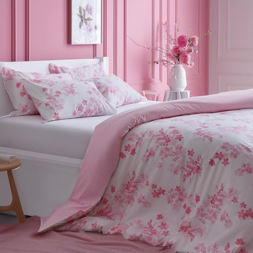 LERUUM Bettwäsche Set 200x200 Baumwolle Riversibel Blumen Streifen Rosa Weiß Bettbezug (Rosa 200 x 200 + 2 (65 x 65)) von LERUUM