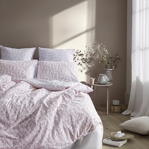 LERUUM Bettwäsche-Set Einzelbett Bettwäsche 140x200 Baumwolle Reversible rosa und lila mit Blumenmuster Bettbezug und rosa paspeliert Kissenbezüg Griemay (140x200 + 65x65, pink) von LERUUM