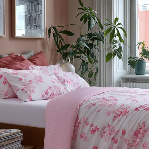 LERUUM Bettwäsche Set 220x240 Baumwolle Reversibel Blumen Streifen Bettbezug (Rosa Weiß 220 x 240 + 2 (65 x 65) von LERUUM