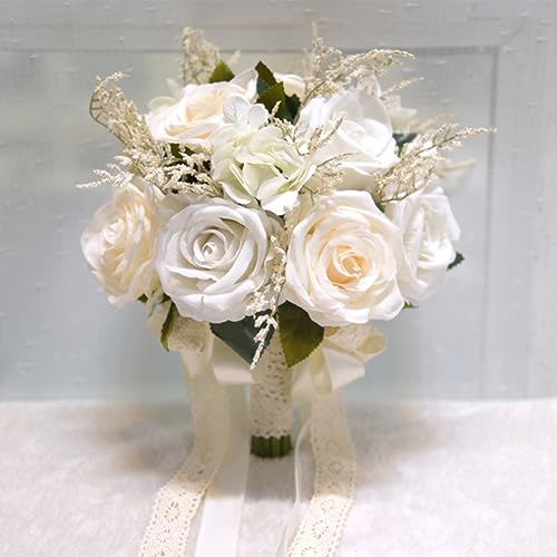 LESING Braut Hochzeit Blumensträuße Künstliche Rose Blumen Blumenstrauß Handgemachte Romantische Hochzeitssträuße für Braut Brautjungfer Halten Blumen (Bouquet-Rose White 1) von LESING