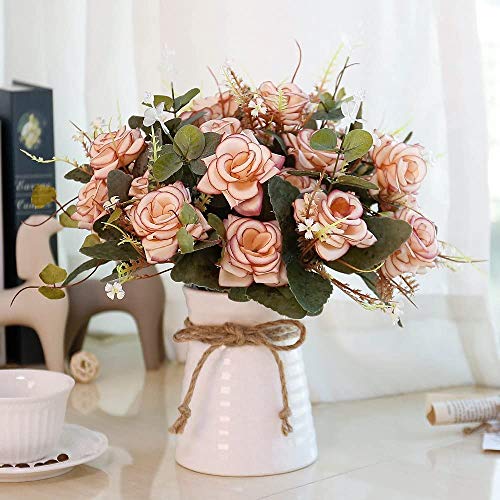 Künstliche Blumen in Vase Seidenrosen Blumen with Vasen Blume Blumensträuße mit Keramikvase für Küche Tischdekoration Kernstück Dekoration(Pink) von LESING