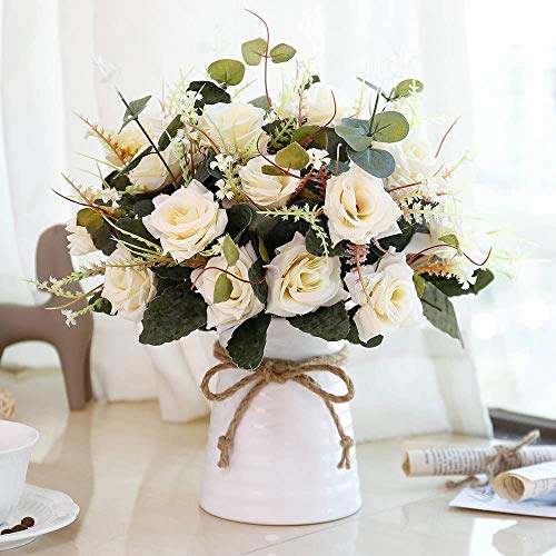 LESING Künstliche Blumen in Vase Seidenrosen with Vasen Blumesträuße mit Keramikvase für Dekoration(Champagner) von LESING