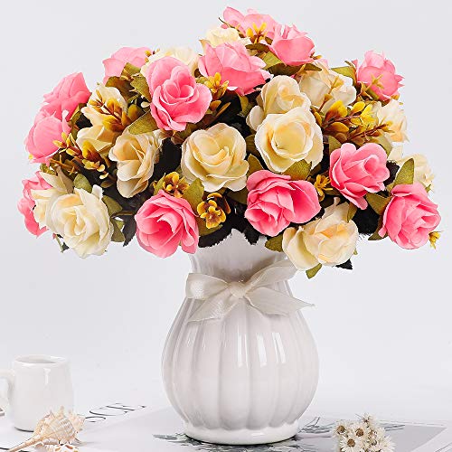 LESING Künstliche Kunstblumen mit Vase, Seidenrosen, Hochzeitsblumen, Blumensträuße, Zuhause, Büro, Party, Konferenzraum, Dekoration (Rosa-1) von LESING