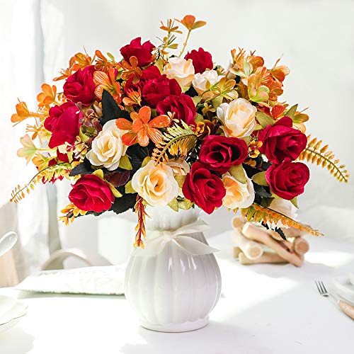LESING Künstliche Kunstblumen mit Vase, Seide, künstliche Rosen, Hochzeitsblumen, Blumensträuße für Zuhause, Büro, Party, Meetingraum, Dekoration (rot-1) von LESING