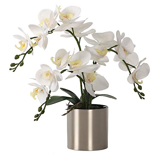 LESING Künstliche Orchideen-Blume mit Vase, weiße Orchidee, Bonsai, künstliche Orchidee, Phalaenopsis, Blumentopf, Arrangements für Heimdekoration (weiß, silberfarbene Vase) von LESING