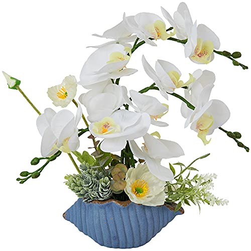 LESING Künstliche Orchideen-Blume mit Vase, realistische Orchideen, künstliche Orchidee, Bonsai-Pflanzen im Topf, Arrangement für Zuhause, Hochzeit, Party, Esstisch, Dekor (blaue Vase, W) von LESING
