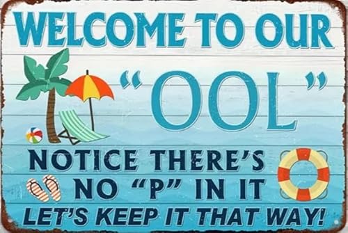 Welcome to our pool "Fun Metal Wall Art Logo - Relaxing Beach Design with Palmen and Lifebuoys, Beach Design with Palmen, Outdoor Deco 20.3x30.5 cm von LESTOY