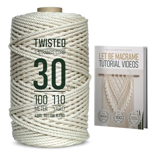 LET BE Makramee-Schnur, 3 mm x 91 m, einfache Tutorial-Videos, hochwertige gedrehte Baumwollmischung, natürliche Farbe für Wanddekoration, Wandbehang, Pflanze und Heimdekoration (3 mm x 100 m) von LET BE
