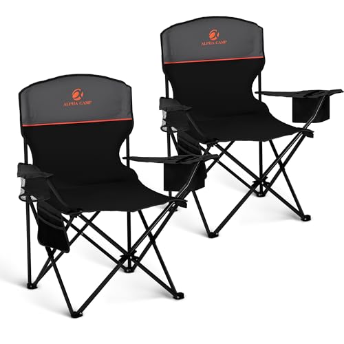 LET'S CAMP Campingstühle, 2er-Pack, 2er-Set, Klappstuhl, leichter Picknickstuhl mit 3-Dosen-Kühltasche, Getränkehalter, Aufbewahrungstasche, unterstützt 100 kg (schwarz) von LET'S CAMP
