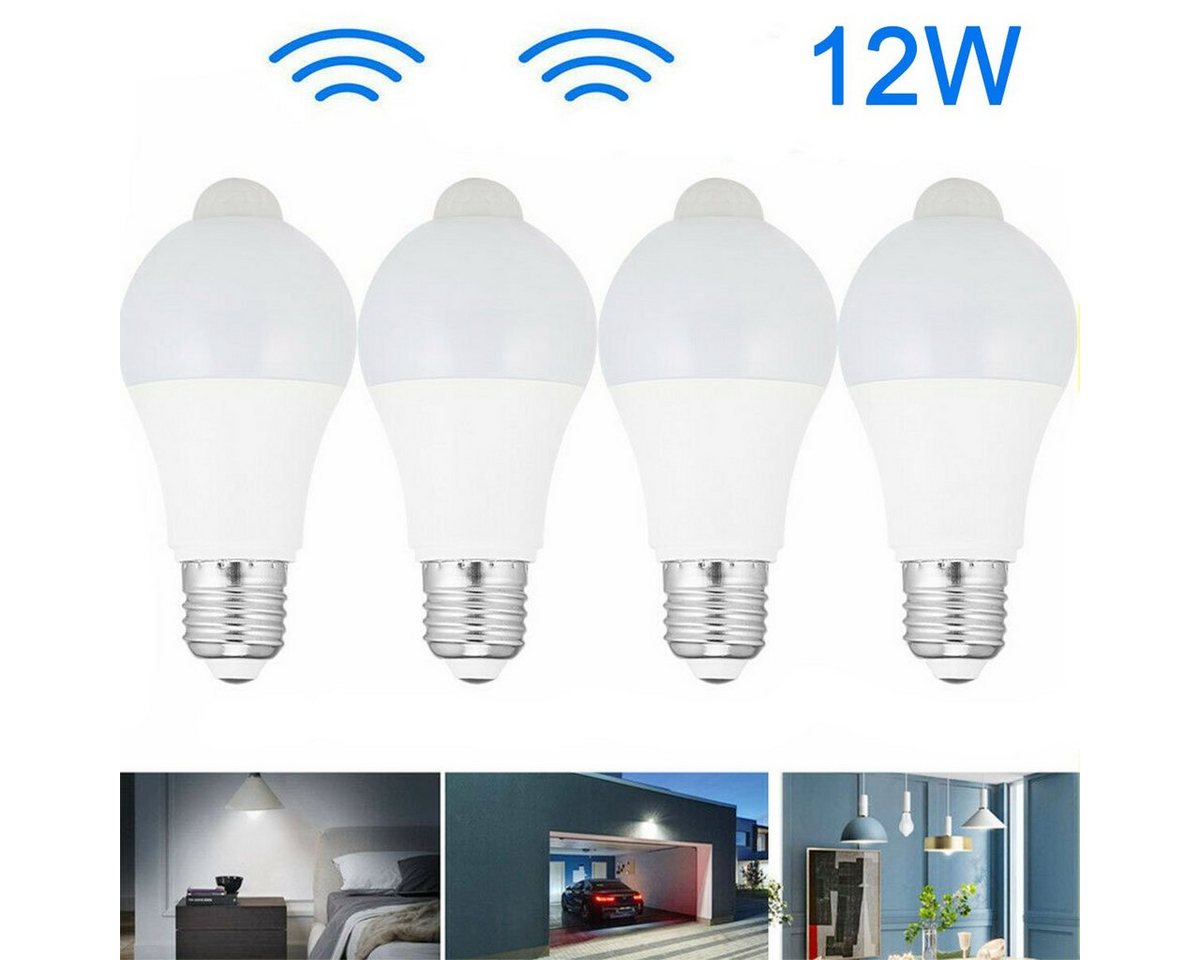 LETGOSPT 4 Stück LED Leuchtmittel, E27 12W LED Birne mit Bewegungssensor Smarte Lampe, Glühbirne Bewegungsmelder PIR Licht Lampe von LETGOSPT