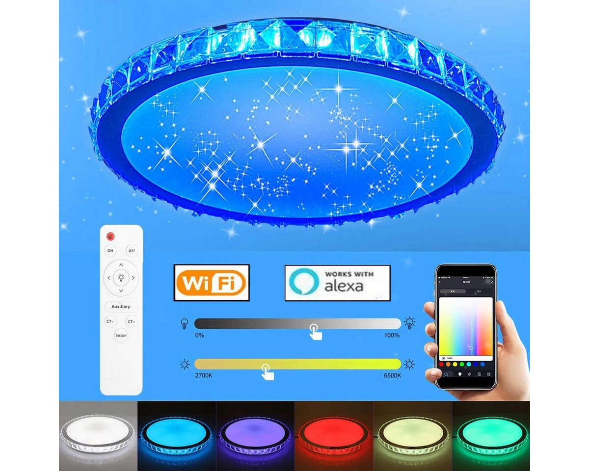 LETGOSPT Deckenleuchte 36W Kristall LED Deckenlampe, RGB Deckenleuchte Sternenhimmel Lampen, LED fest integriert, RGB+Warmweiß & Neutralweiß & Kaltweiß, Dimmbar mit Fernbedienung oder APP-Steuerung, für Wohnzimmer Küche von LETGOSPT