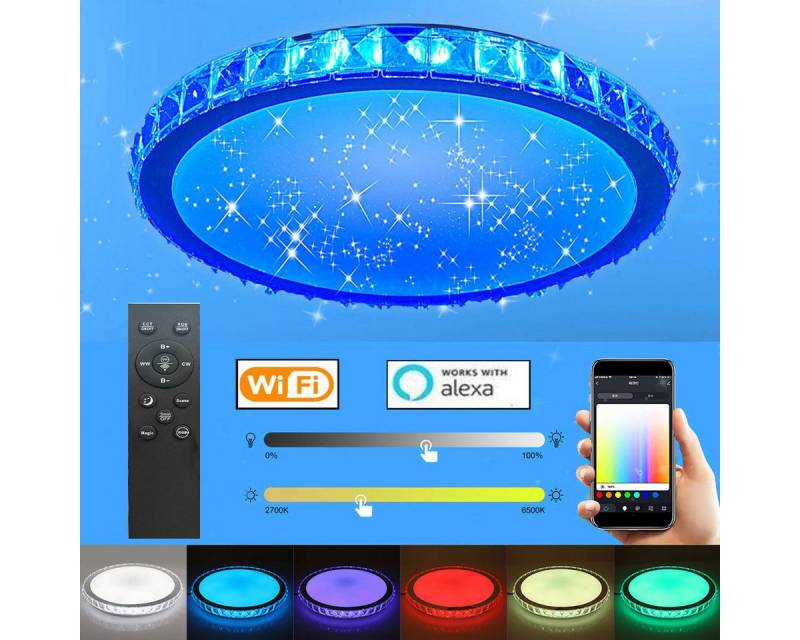 LETGOSPT Deckenleuchte 36W Kristall LED Deckenlampe, RGB Deckenleuchte Sternenhimmel Lampen, LED fest integriert, RGB+Warmweiß & Neutralweiß & Kaltweiß, Dimmbar mit Fernbedienung oder APP-Steuerung,für Wohnzimmer Küche von LETGOSPT