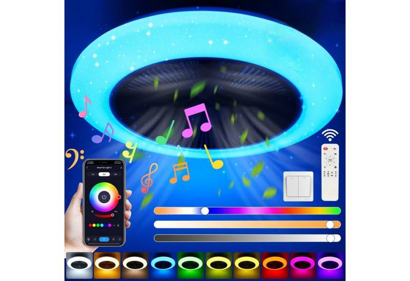 LETGOSPT Deckenleuchte 50W Deckenlampe RGB Farbwechsel Leise Deckenventilator Dimmbar, LED fest integriert, Leise Deckenventilator 6 Geschwindigkeiten für Wohnzimmer Schlafzimmer von LETGOSPT
