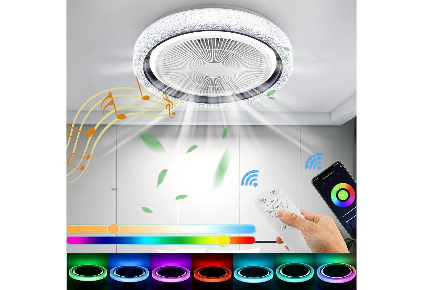 LETGOSPT LED Deckenleuchte 60W Bluetooth Musik RGB LED dimmbare Deckenleuchte Deckenventilator, LED fest integriert, RGB Farbwechsel (3000~6500K), Deckenventilator Mit Beleuchtung von LETGOSPT