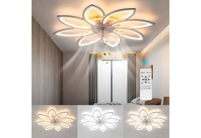 LETGOSPT Deckenleuchte Leise Deckenventilator mit Beleuchtung 85W Deckenlampe Mit Ventilator, LED fest integriert, Kaltweiß, Neutralweiß, Warmweiß, 6/8 Lichter Design Deckenventilatoren mit Fernbedienung Dimmbar von LETGOSPT