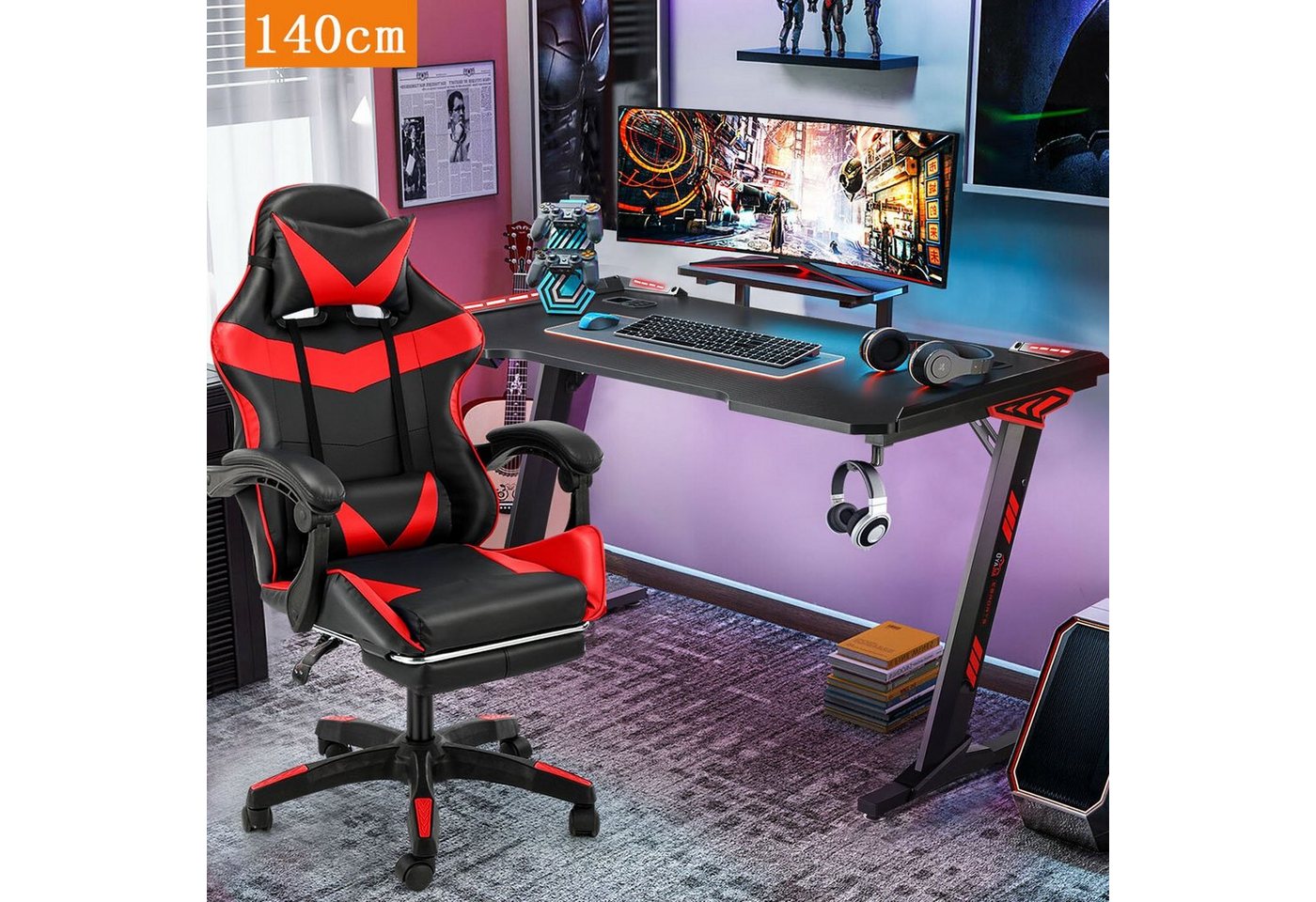 LETGOSPT Gamingtisch Gaming Schreibtisch mit LED, PC Tisch Gaming mit Kohlefaser Oberfläche, Stabiler Computertisch für Gaming mit Kopfhörerhake und Getränkehalter von LETGOSPT