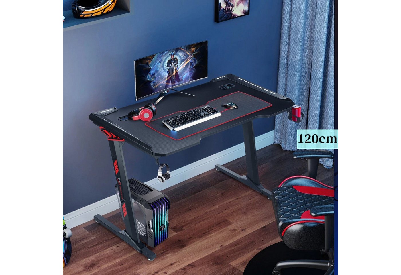 LETGOSPT Gamingtisch Gaming Tisch mit LED 120/140 x 60,5 cm, Z-Frame Gaming Schreibtisch, PC Tisch Gaming mit Kohlefaser Oberfläche, Computertisch für Gaming von LETGOSPT