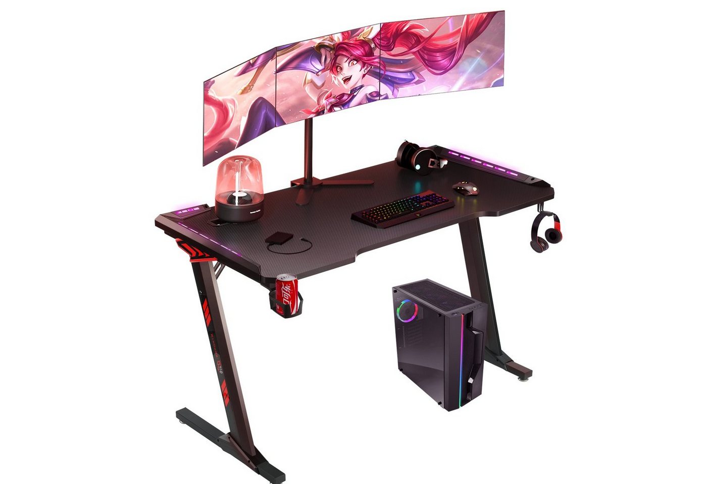 LETGOSPT Gamingtisch Gaming Tisch mit LED 120/140 x 60,5 cm, Z-Frame Gaming Schreibtisch, PC Tisch Gaming mit Kohlefaser Oberfläche, Computertisch für Gaming von LETGOSPT