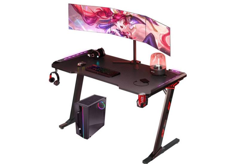 LETGOSPT Gamingtisch Gaming Tisch mit LED 120/140 x 60 cm, Z-Frame Gaming Schreibtisch (1-St., Gamingtisch mit LED, Headset und Getränkehalter), PC Tisch Gaming mit Kohlefaser Oberfläche, Computertisch für Gaming von LETGOSPT
