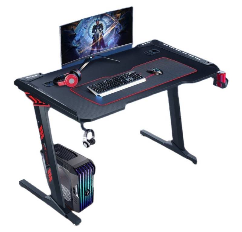 LETGOSPT Gamingtisch Gaming Tisch mit LED 120/140 x 60 cm, Z-Frame Gaming Schreibtisch (1-St., Gamingtisch mit LED, Headset und Getränkehalter), PC Tisch Gaming mit Kohlefaser Oberfläche, Computertisch für Gaming von LETGOSPT