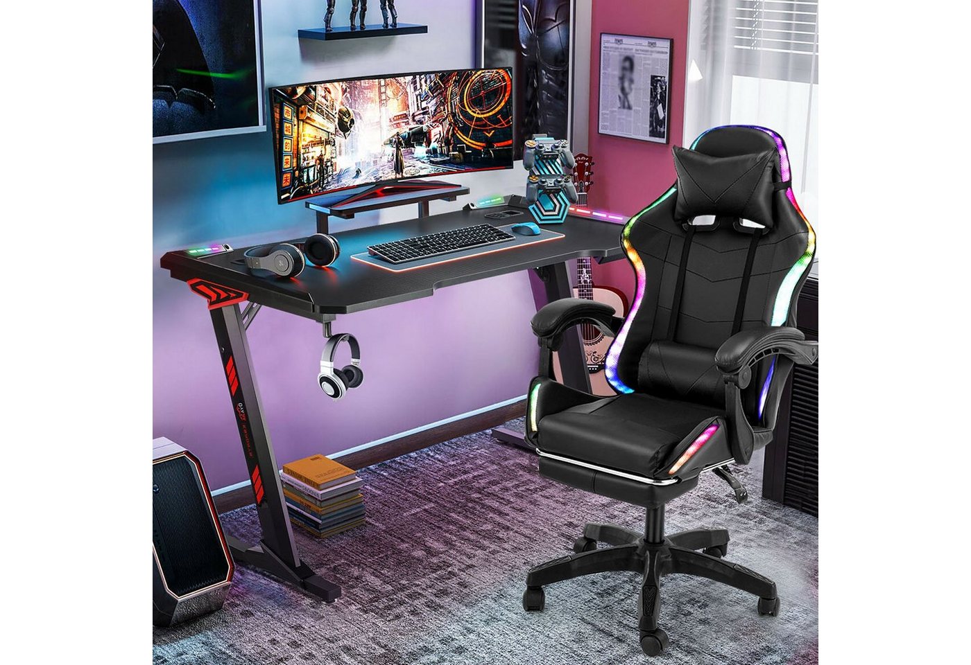 LETGOSPT Gamingtisch PC- Gaming Schreibtisch und Gaming Stuhl Set, mit Massage Lendenkissen, Z-form Stabiler Computertisch, Verstellbare Bürostuhl Gamer Stuhl von LETGOSPT